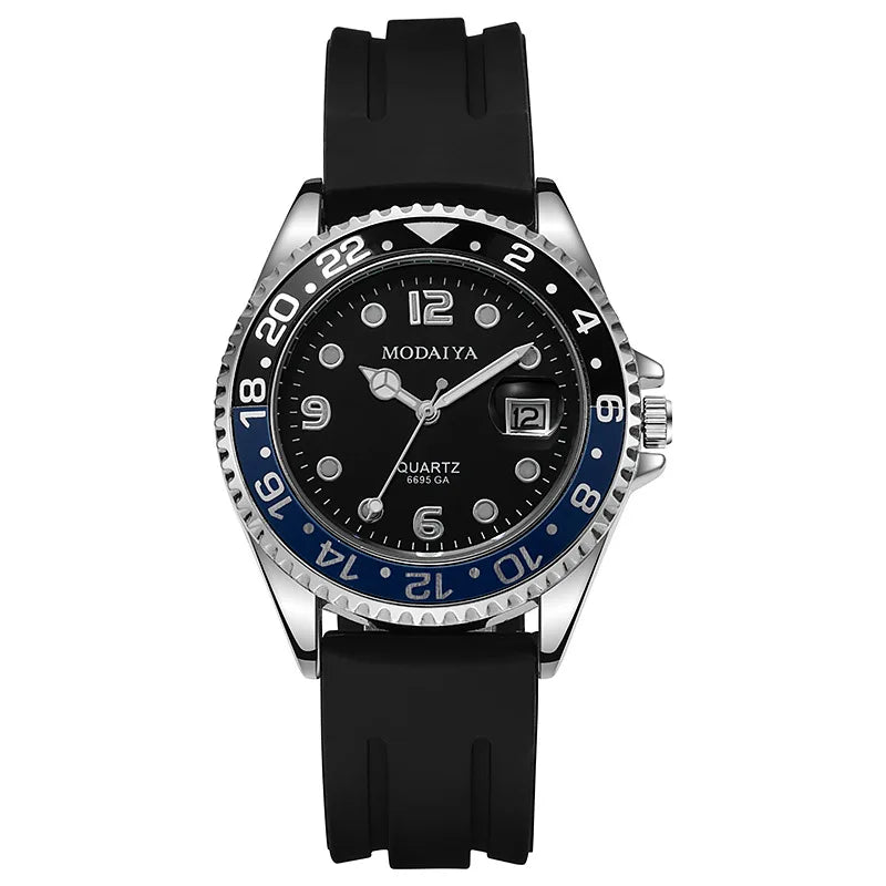 Montre Homme avec Calendrier – L’Élégance au Quotidien — Bracelet silicone noir – Lunette bleue et noire