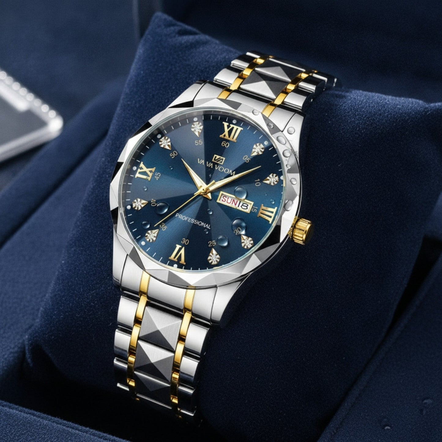 Montre Homme Acier Inoxydable : Luxe, Diamants, Étanche, Luminescente, Double Calendrier, Quartz 41mm