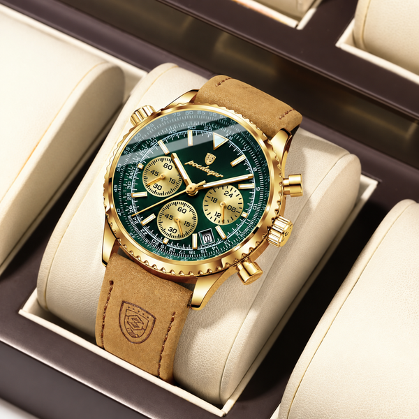 Montre Homme Bracelet Cuir – L’Allure Militaire au Quotidien — Dorée – Cadran vert