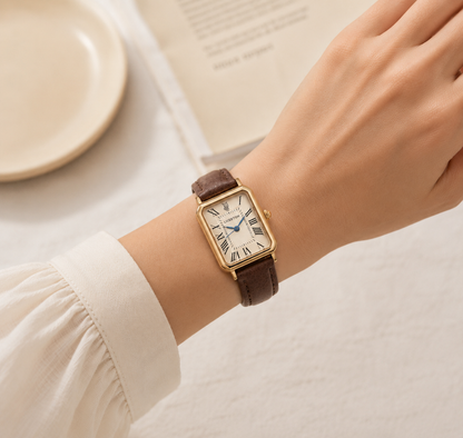 Montre Rétro Femme - Bracelet Cuir Marron - Quartz