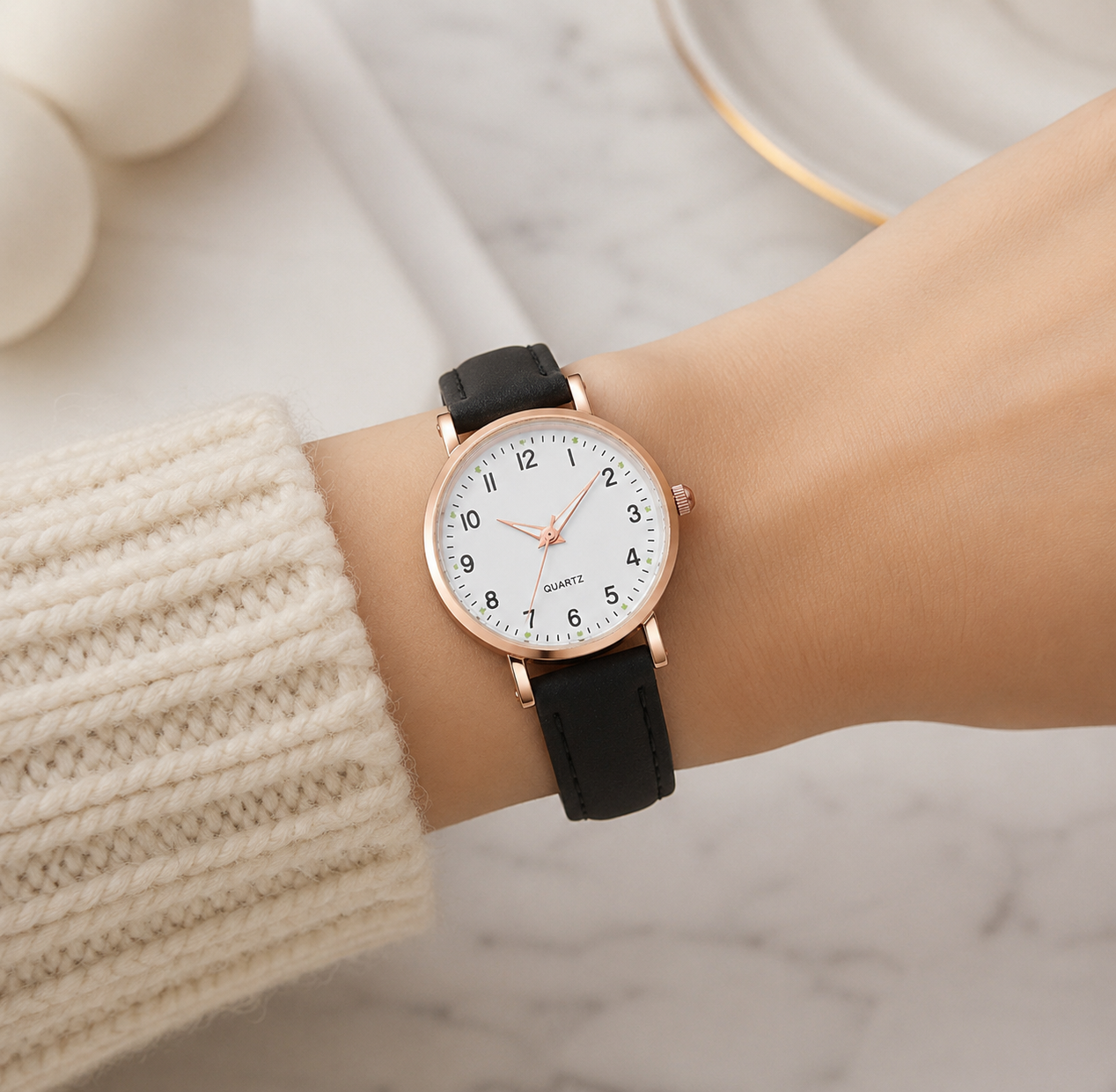 Montre Femme - Bracelet Cuir ,Cadran Arabe, Style Décontracté - Quartz