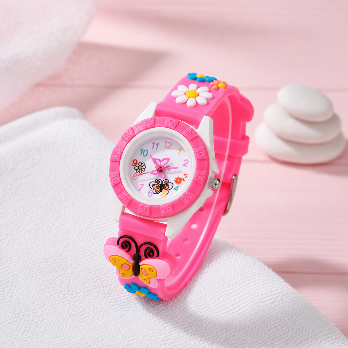 Montre Papillon Rose Filles - Silicone, Quartz Digitale