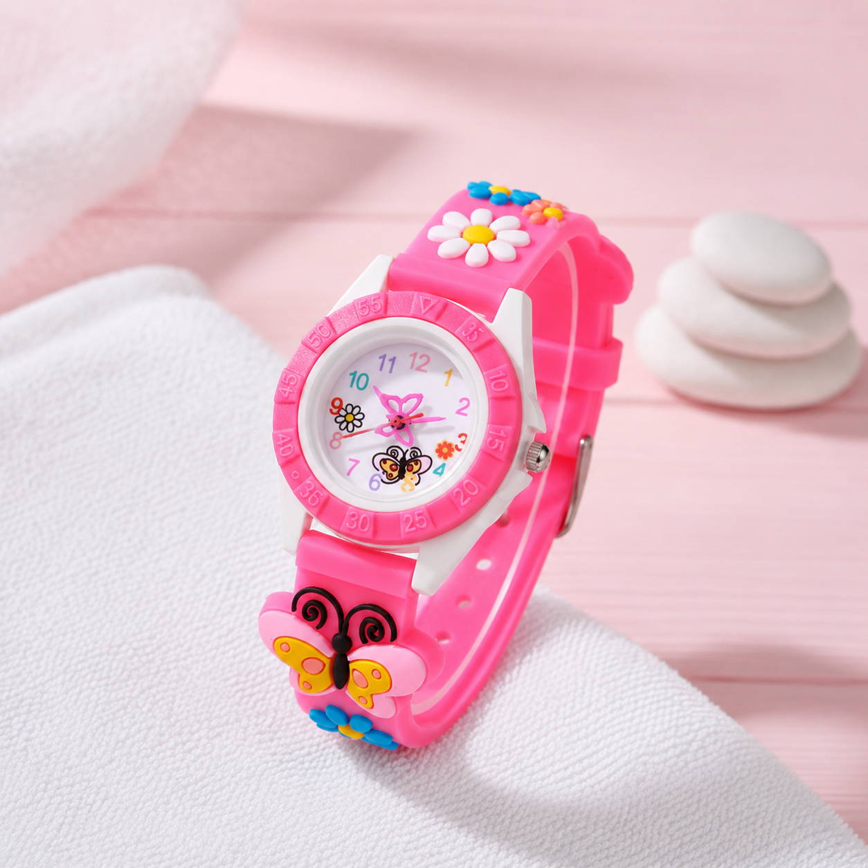 Montre Papillon Rose Filles - Silicone, Quartz Digitale