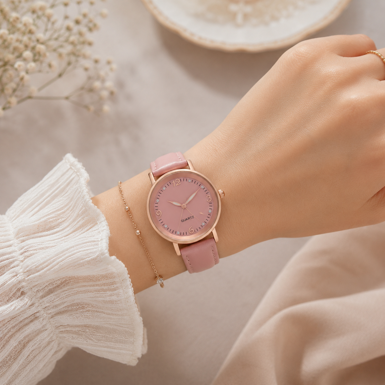 Montre Or Rose Femme - Analogique, Bracelet Cuir, Cadran Arabe - Quartz