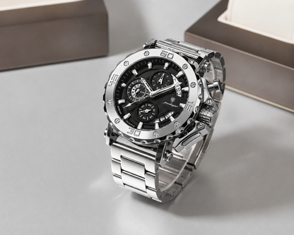 Montre Argentée Homme - Luxe, Acier Inoxydable, Calendrier Lumineux, Étanche - Quartz
