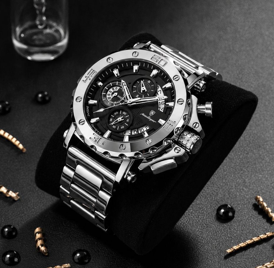 Montre Argentée Homme - Luxe, Acier Inoxydable, Calendrier Lumineux, Étanche - Quartz