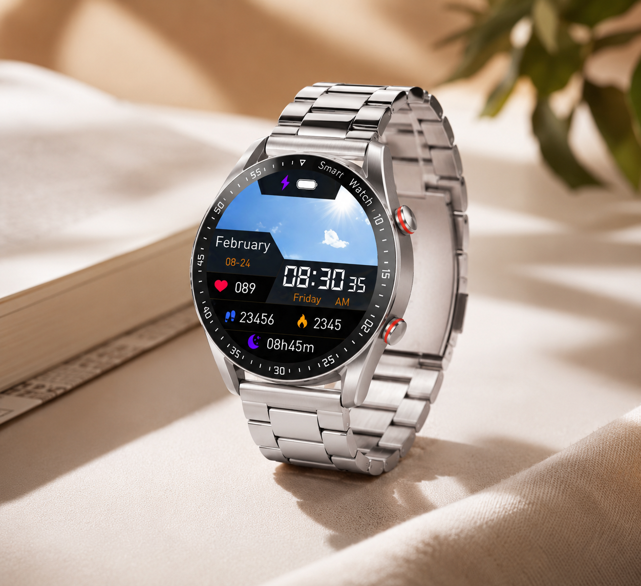 Montre Connectée Bluetooth  - Résistante à l'Eau, Bracelet Argenté