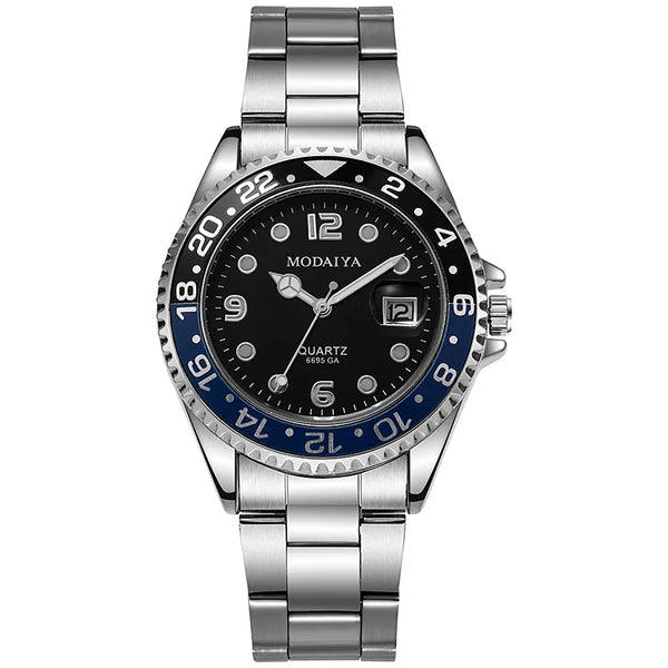 Montre Homme avec Calendrier – L’Élégance au Quotidien — Bracelet acier argenté – Lunette bleue et noire