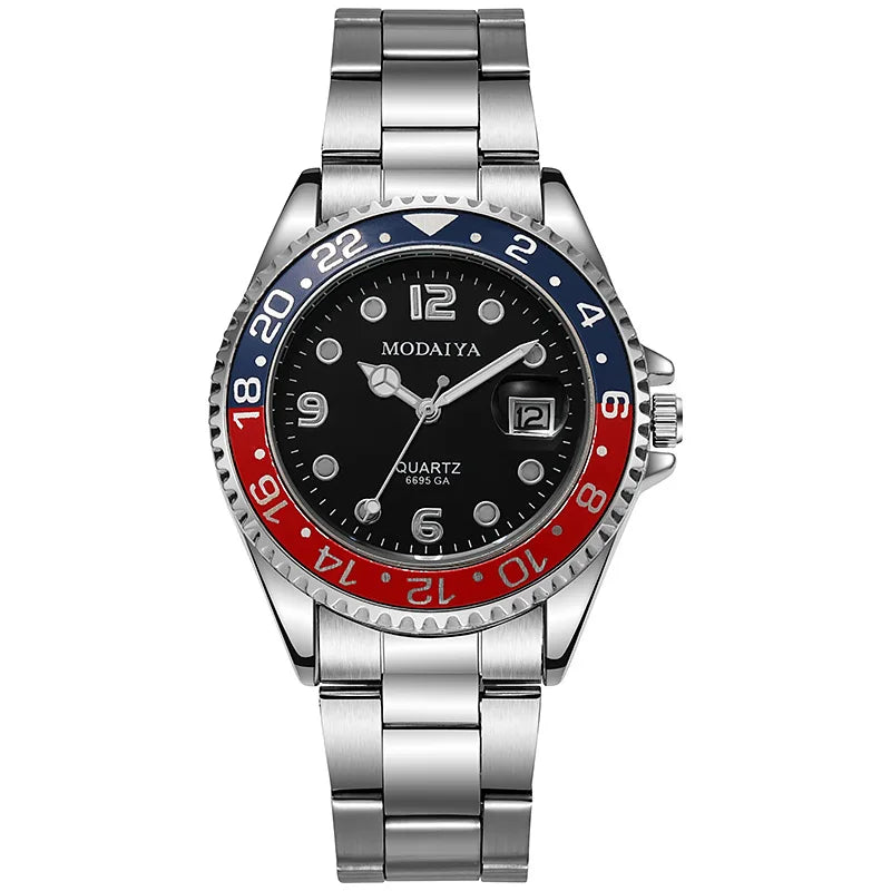 Montre Homme avec Calendrier – L’Élégance au Quotidien — Bracelet acier argenté – Lunette rouge et noire