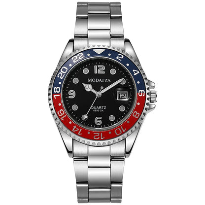 Montre Homme avec Calendrier – L’Élégance au Quotidien — Bracelet acier argenté – Lunette rouge et noire