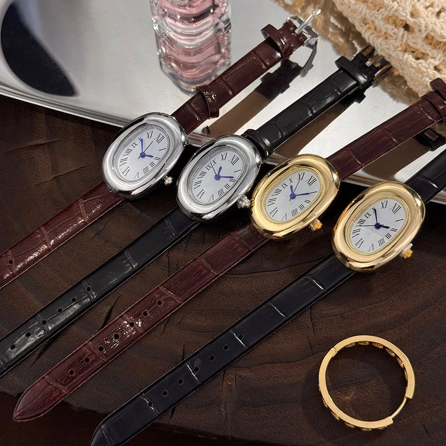 Montre femme ovale vintage bracelet cuir – vue 3