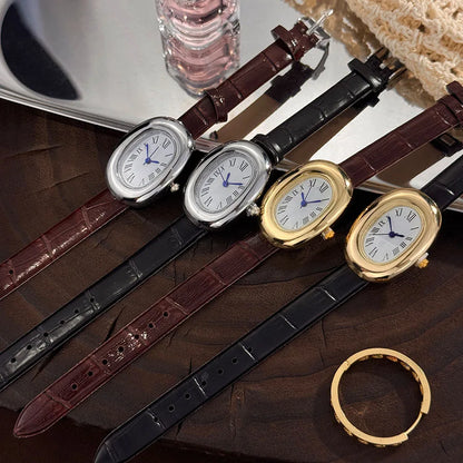 Montre femme ovale vintage bracelet cuir – vue 3