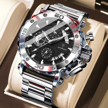 Montre homme chronographe POEDAGAR en acier argenté avec cadran noir