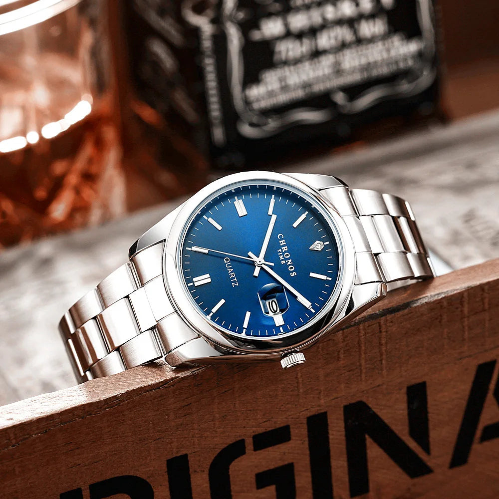 Montre homme CHRONOS en acier argenté avec cadran bleu