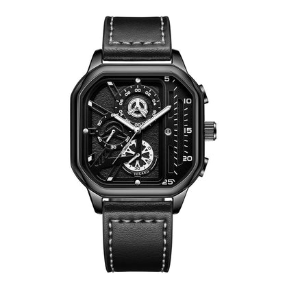 Montre homme carrée noire avec détails argentés et bracelet cuir à surpiqûres claires