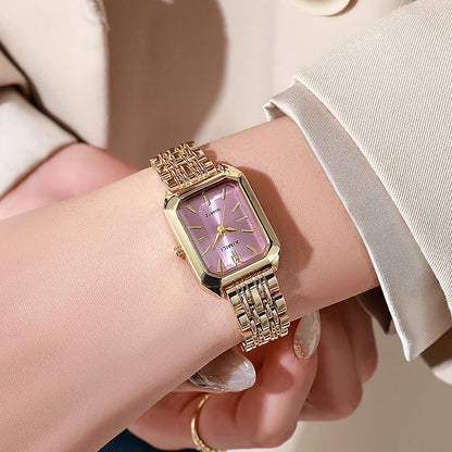 Montre femme rectangulaire dorée cadran rose