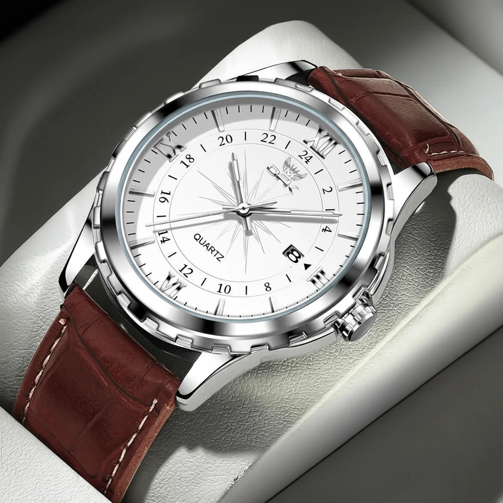 Montre homme OPK avec bracelet cuir marron et cadran blanc