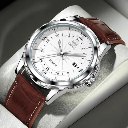 Montre homme OPK avec bracelet cuir marron et cadran blanc