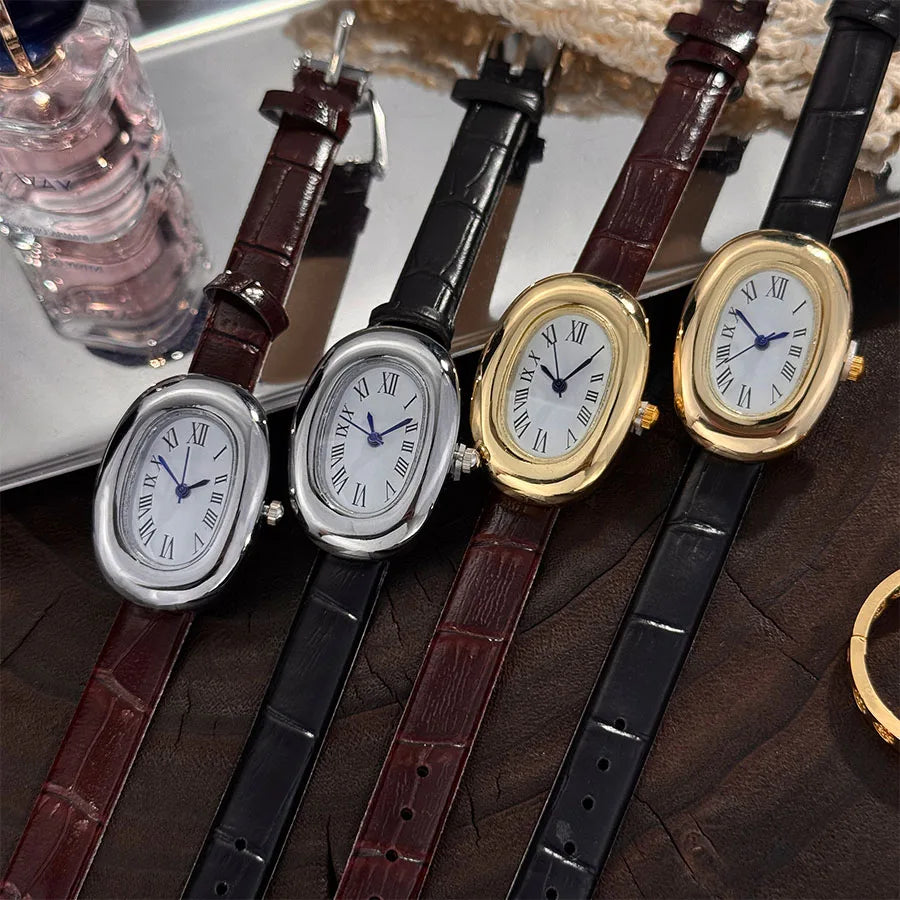Montre femme ovale vintage bracelet cuir – vue 2