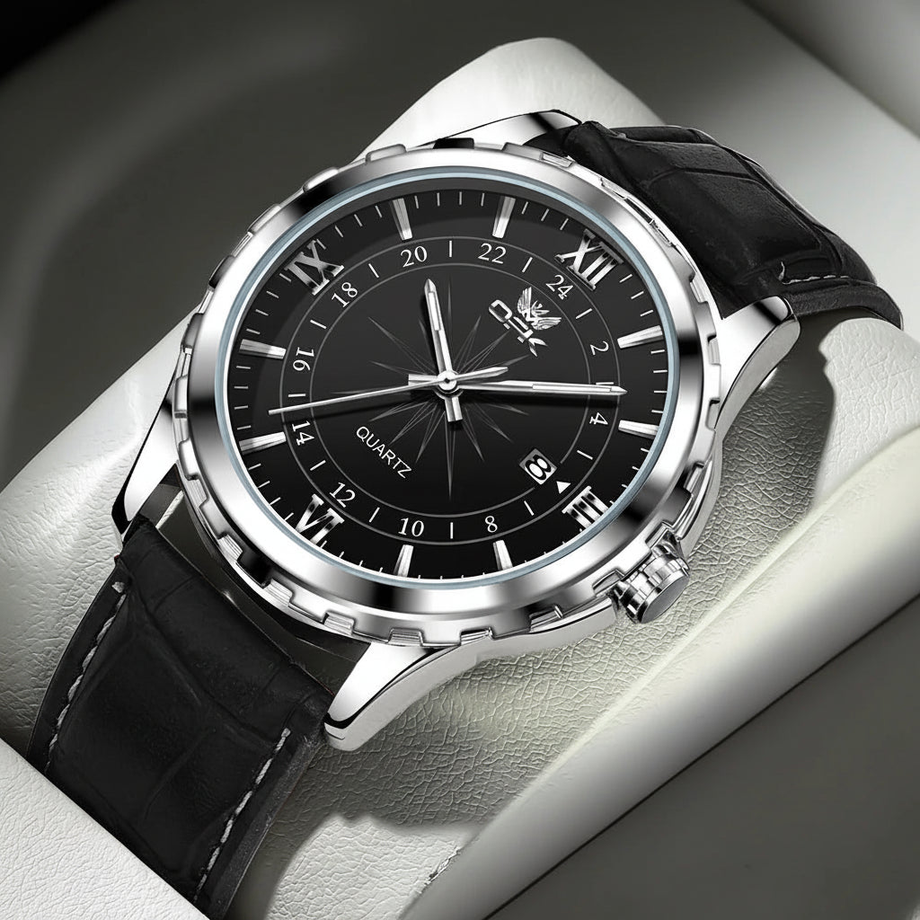 Montre homme OPK avec bracelet cuir noir et cadran noir