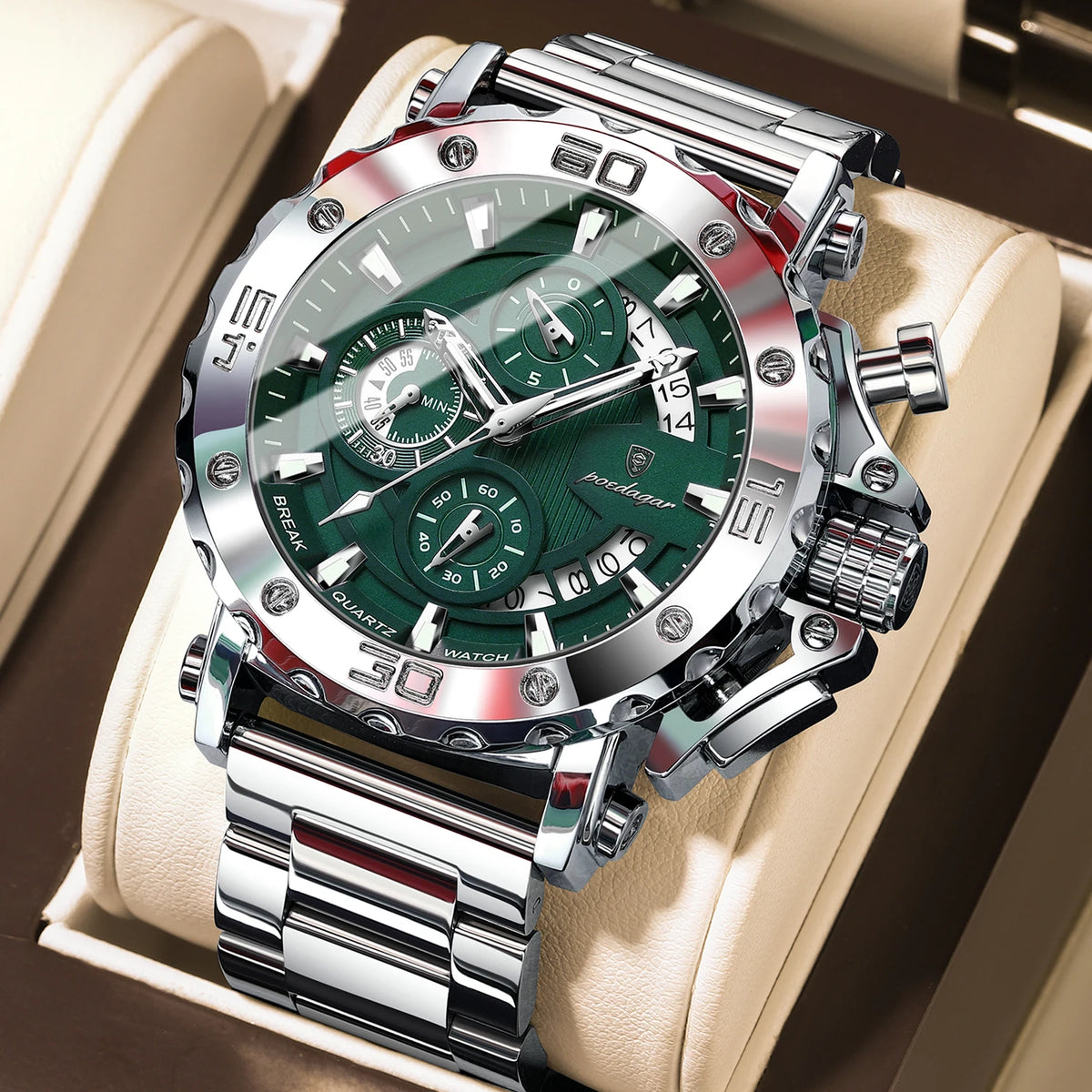 Montre homme chronographe POEDAGAR en acier argenté avec cadran vert