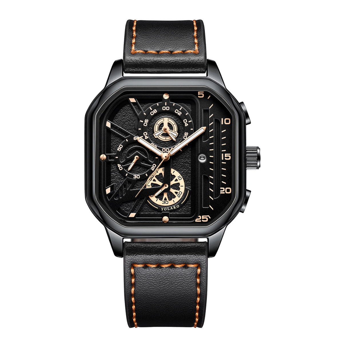 Montre homme carrée noire avec détails dorés et bracelet cuir à surpiqûres orange