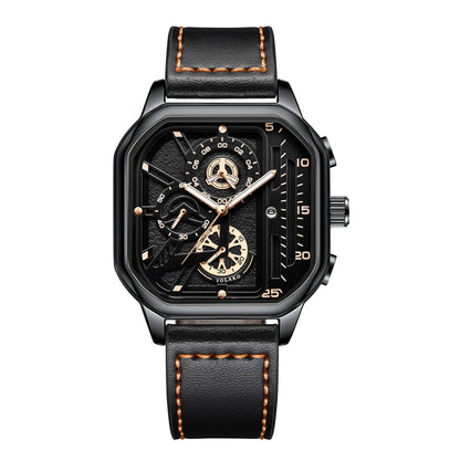 Montre homme carrée noire avec détails dorés et bracelet cuir à surpiqûres orange