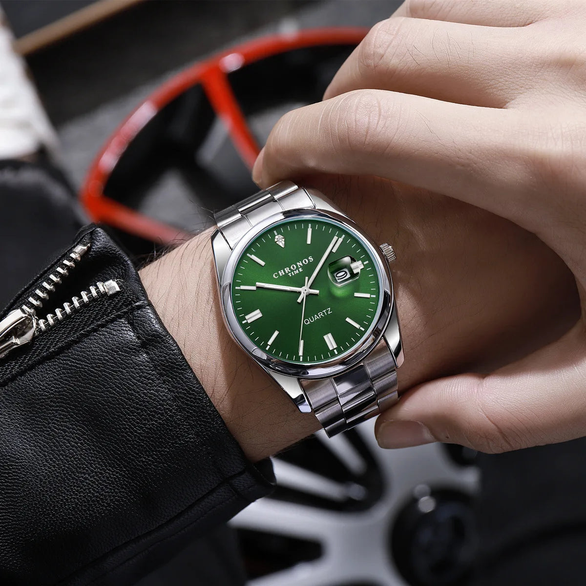 Montre homme CHRONOS en acier argenté avec cadran vert