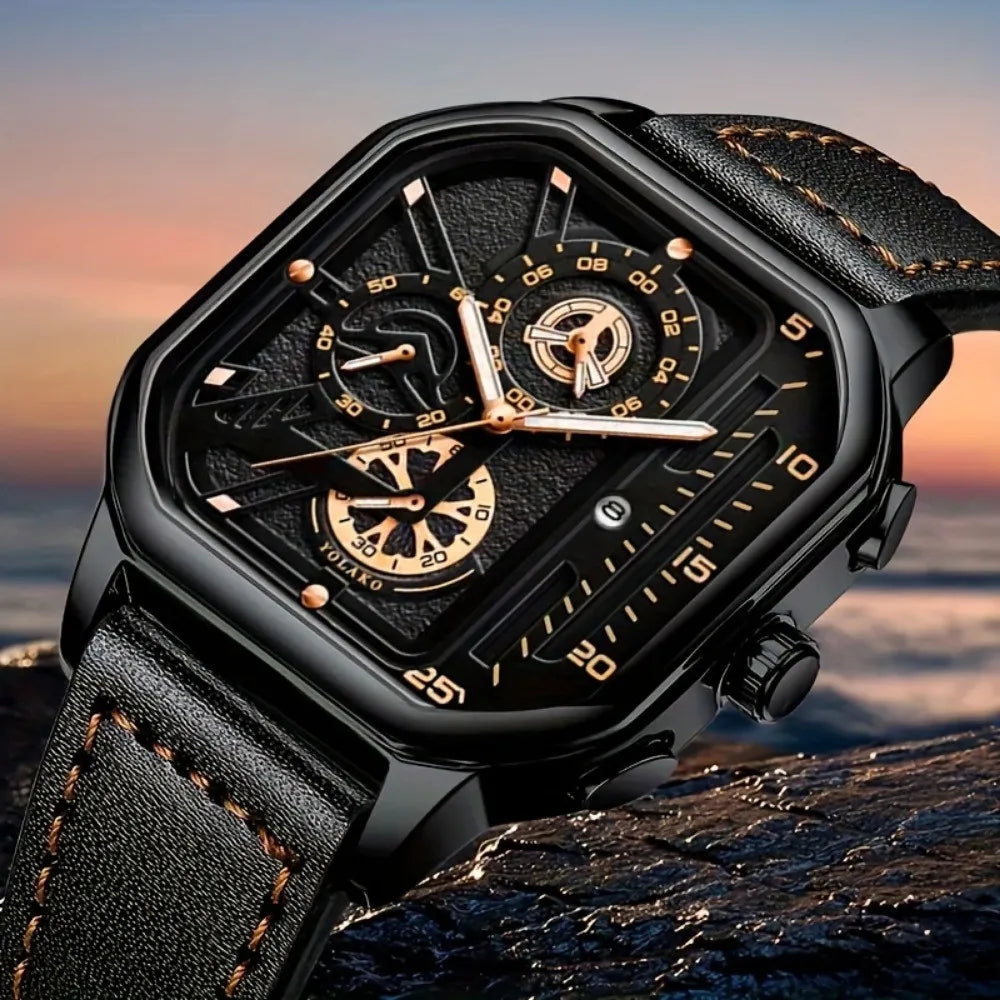Montre homme carrée en cuir – vue 1