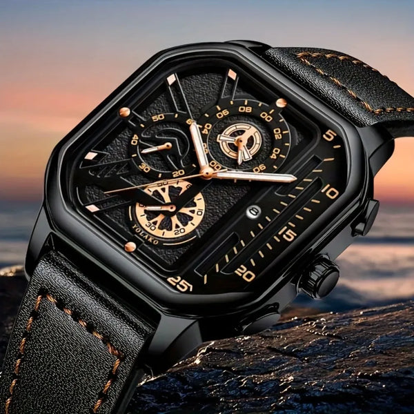 Montre homme carrée en cuir – vue 1
