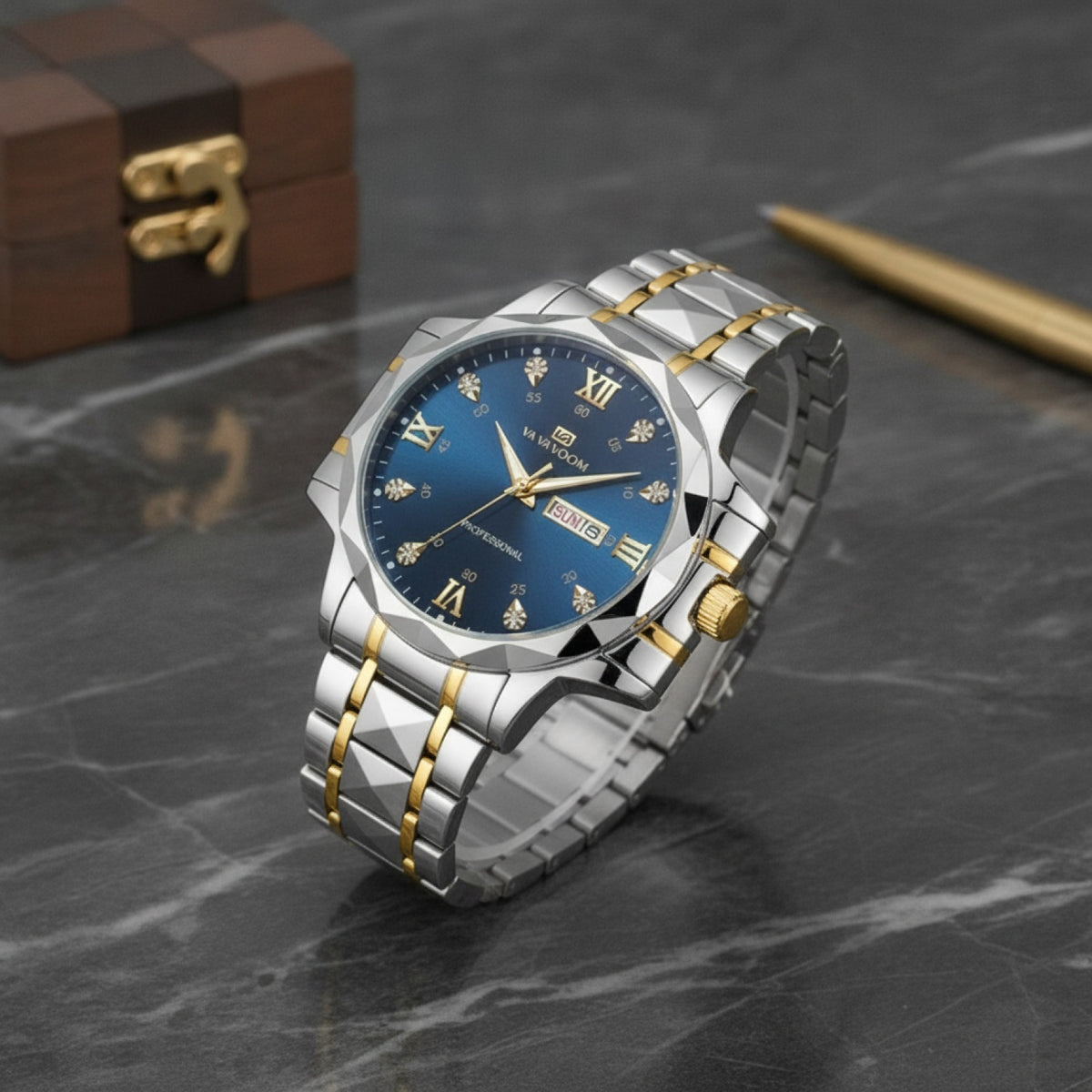 Montre Homme Acier Inoxydable : Luxe, Diamants, Étanche, Luminescente, Double Calendrier, Quartz 41mm