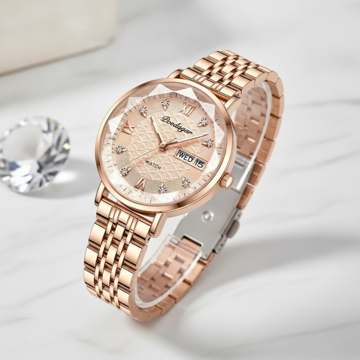 Montre Femme - Acier Inoxydable, Or Rose, Étanche