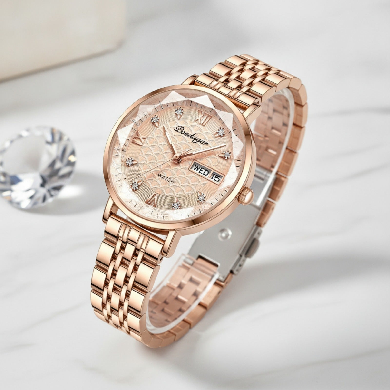 Montre Femme - Acier Inoxydable, Or Rose, Étanche