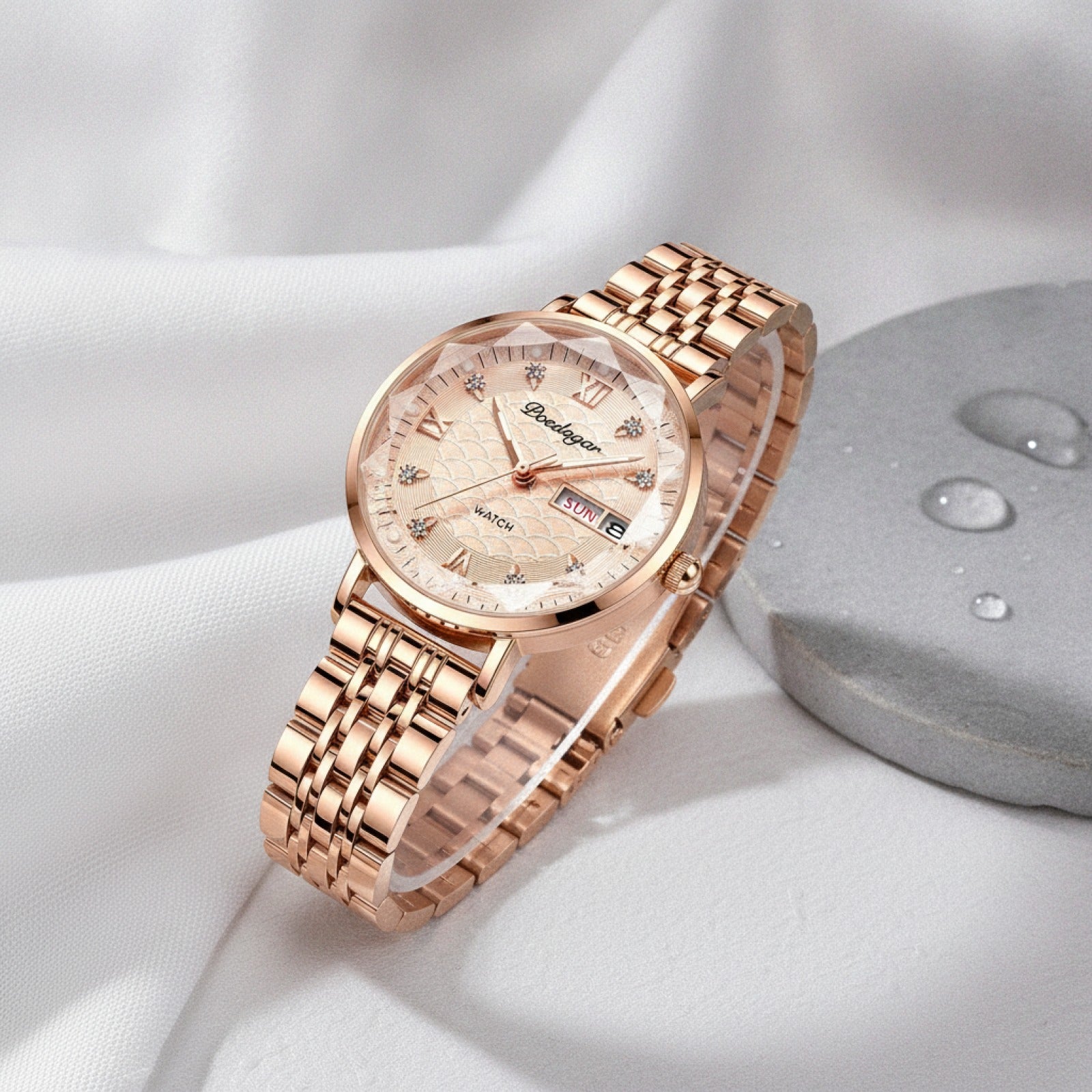 Montre Femme - Acier Inoxydable, Or Rose, Étanche