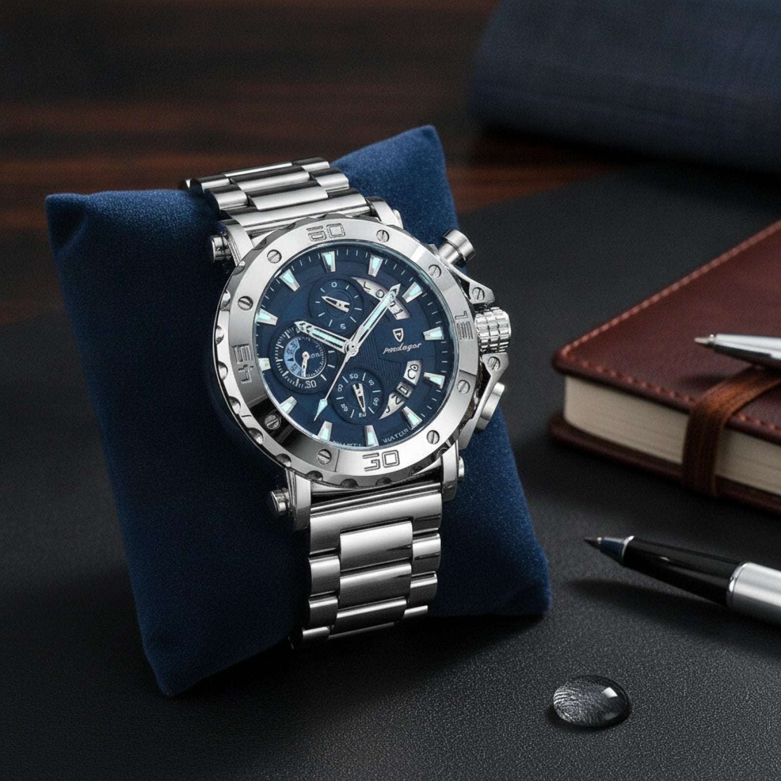 POEDAGAR Montre Chronographe Homme - Luxe Acier Inoxydable, Calendrier Lumineux, Étanche