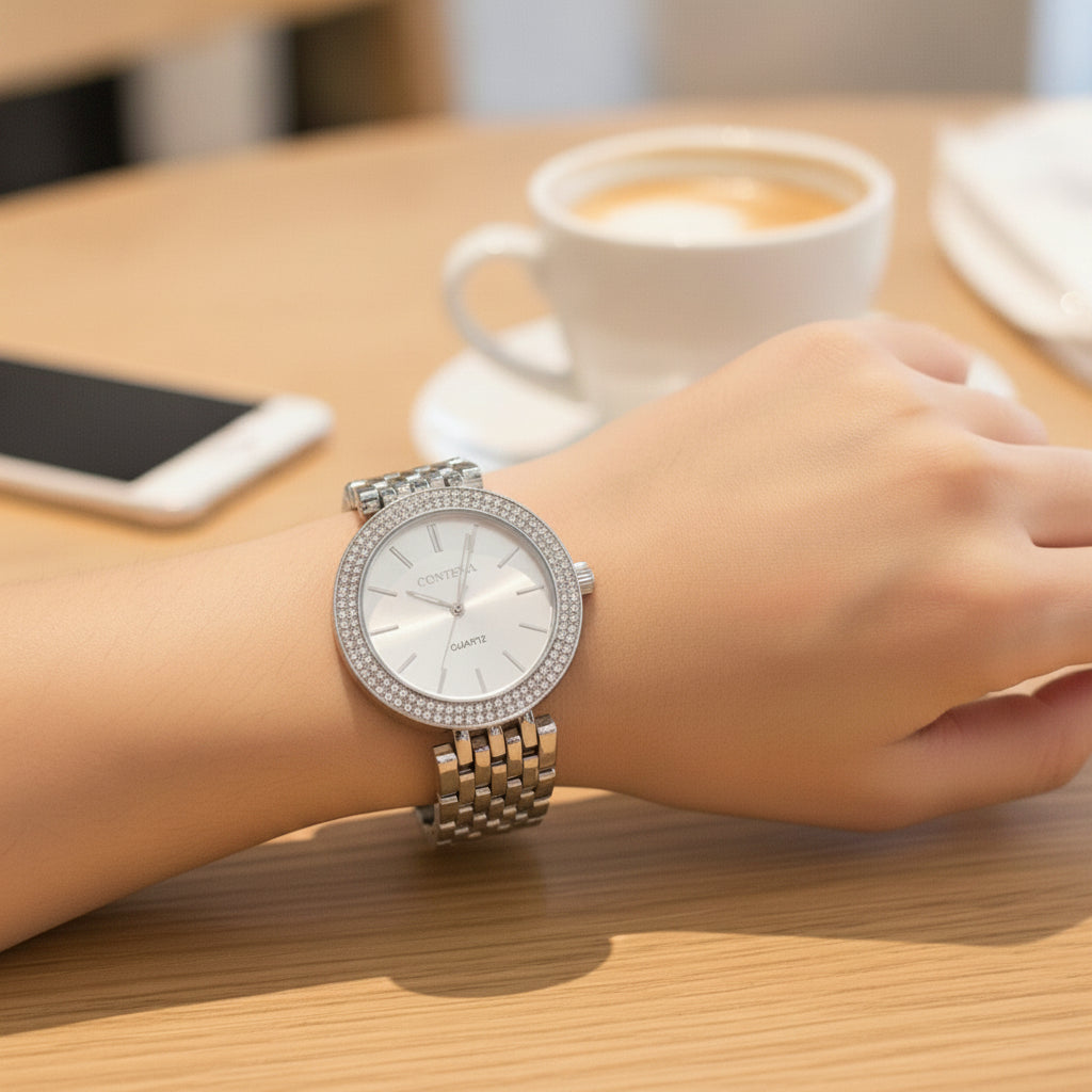 Montre Argentée Femme - Acier Inoxydable, Strass
