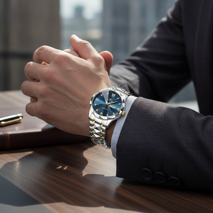 Montre Homme Acier Inoxydable : Luxe, Diamants, Étanche, Luminescente, Double Calendrier, Quartz 41mm