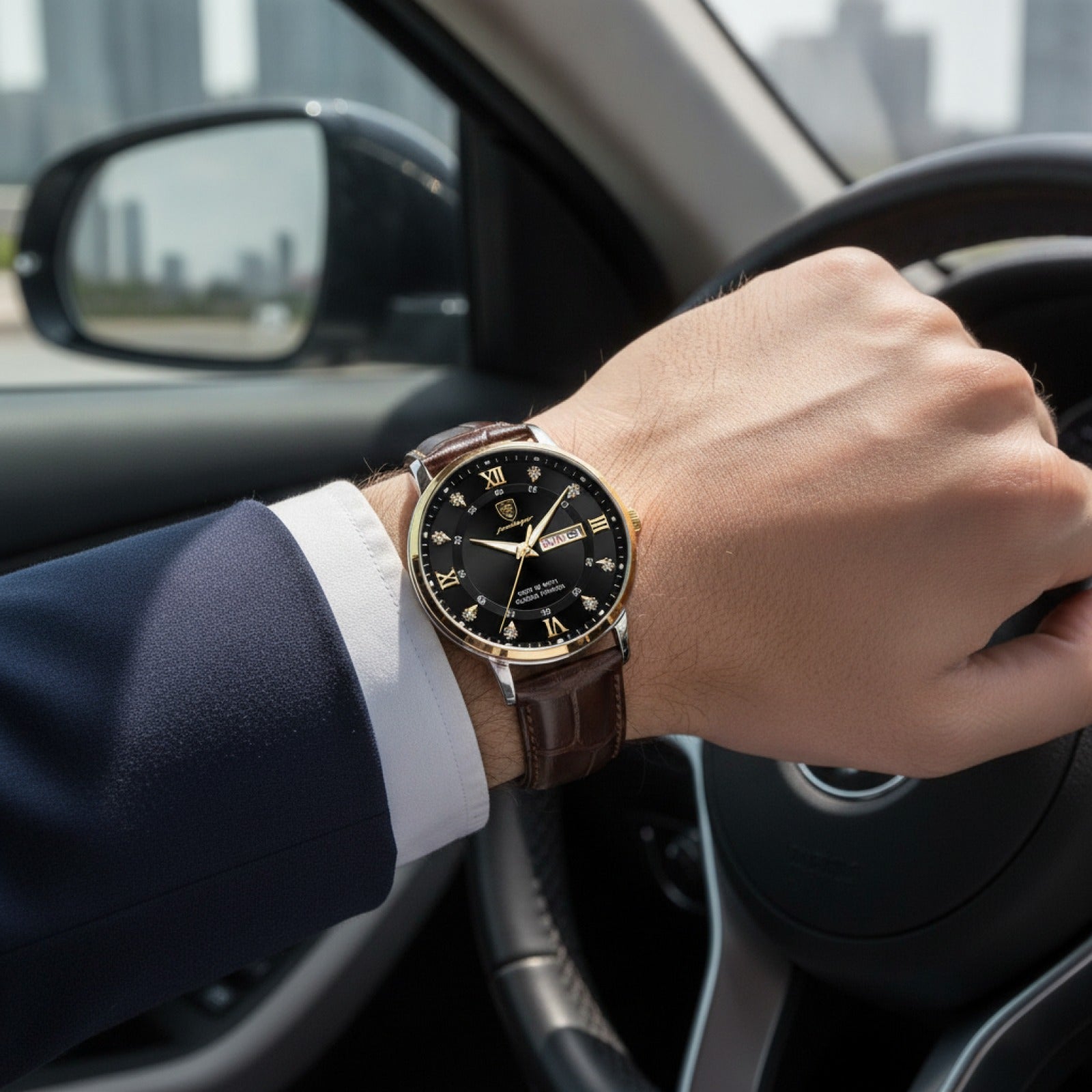 Montre Homme –  Bracelet Cuir, Étanche -  Quartz Lumineux