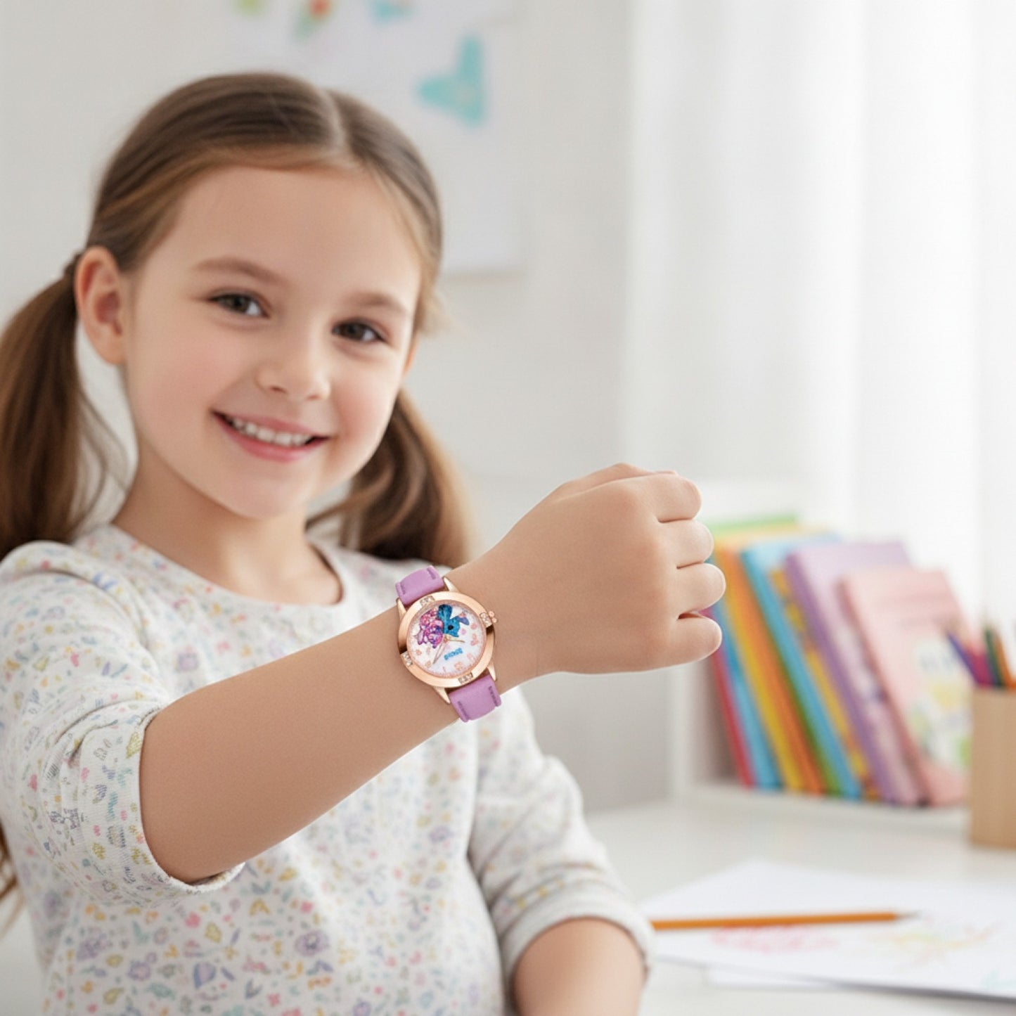 Montre Enfant - Stitch, Bracelet Cuir, Cadran Strass