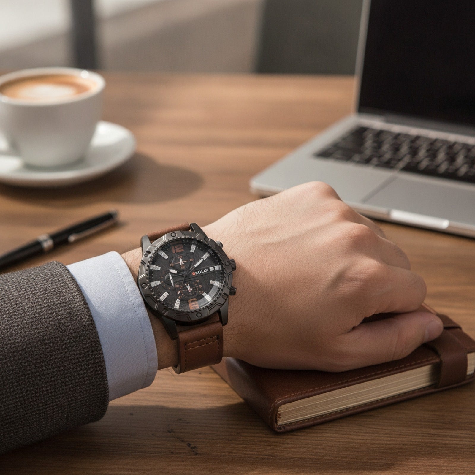 Montre Homme – Bracelet Cuir, Grand Cadran - Quartz