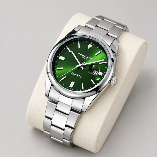 Montre Homme en Acier – Argentée, cadran vert, sur coussin clair.