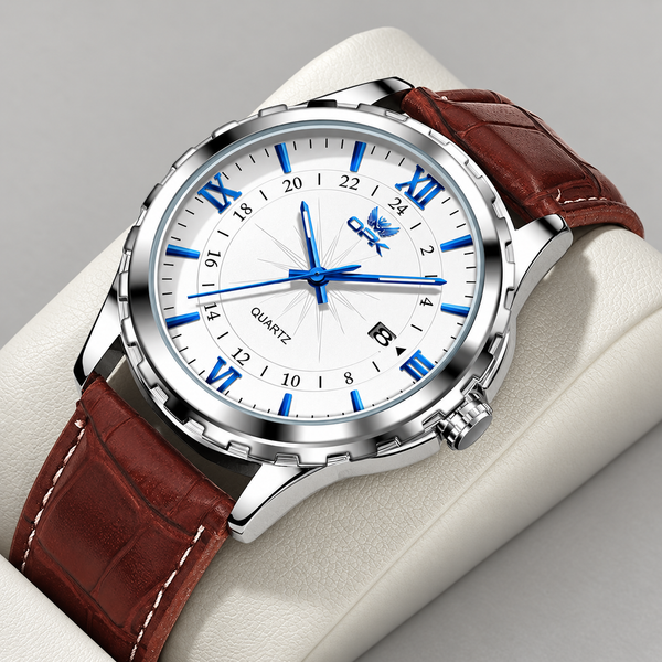 Montre Homme – Bracelet cuir marron, cadran blanc et aiguilles bleues.