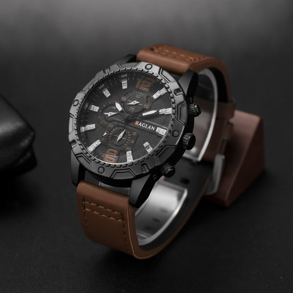 Montre Homme – Bracelet Cuir, Grand Cadran - Quartz