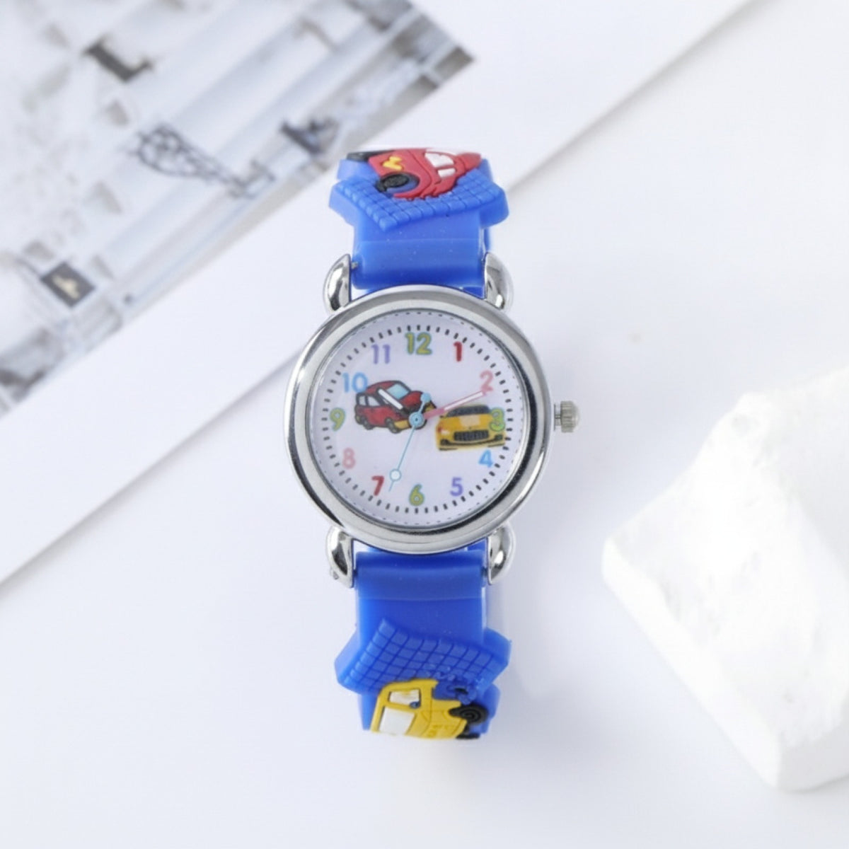 Montre Voiture 3D Enfant  - Bracelet Silicone Bleu - Quartz