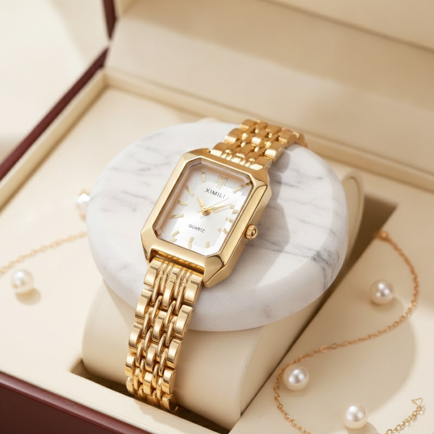 Montre Femme Rectangle - Bracelet Acier Inoxydable, Mouvement Quartz