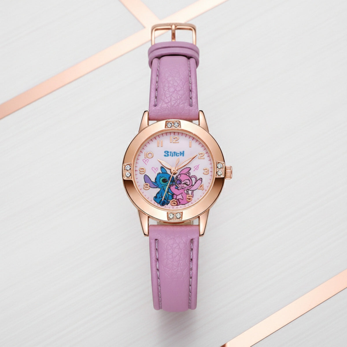 Montre Enfant - Stitch, Bracelet Cuir, Cadran Strass