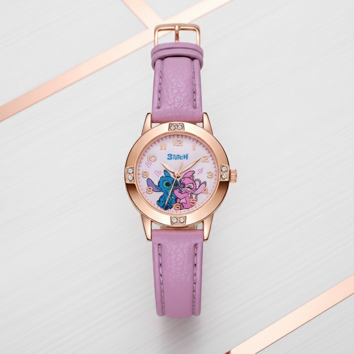 Montre Enfant - Stitch, Bracelet Cuir, Cadran Strass