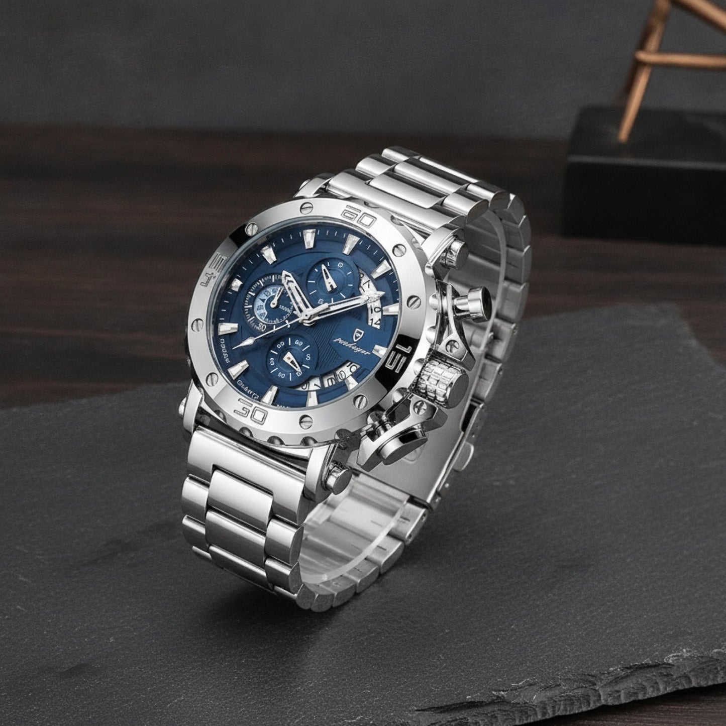 POEDAGAR Montre Chronographe Homme - Luxe Acier Inoxydable, Calendrier Lumineux, Étanche