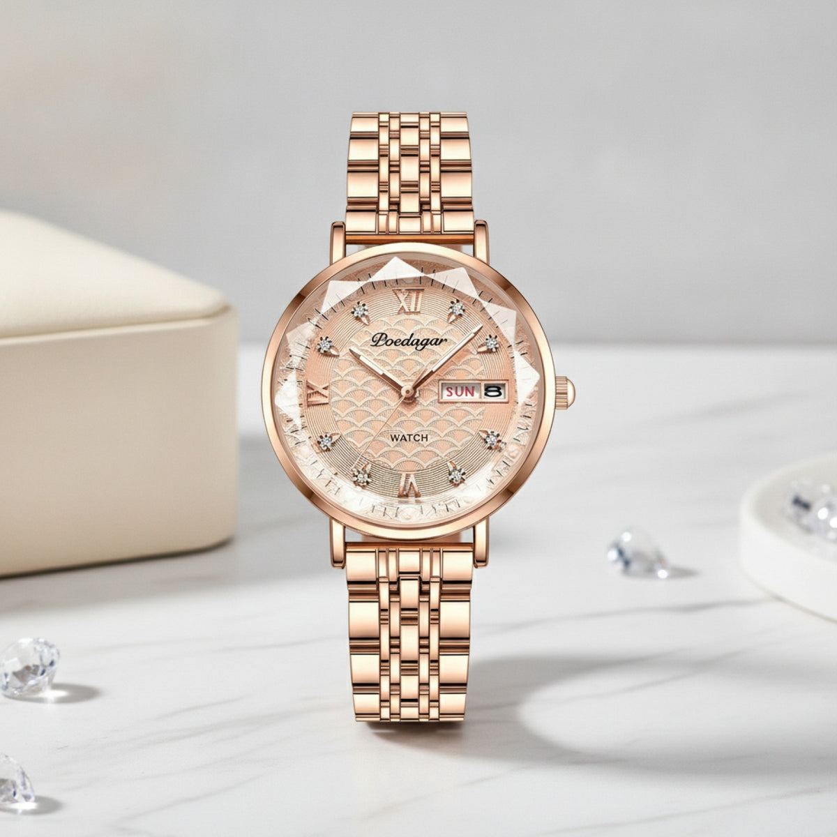 Montre Femme - Acier Inoxydable, Or Rose, Étanche