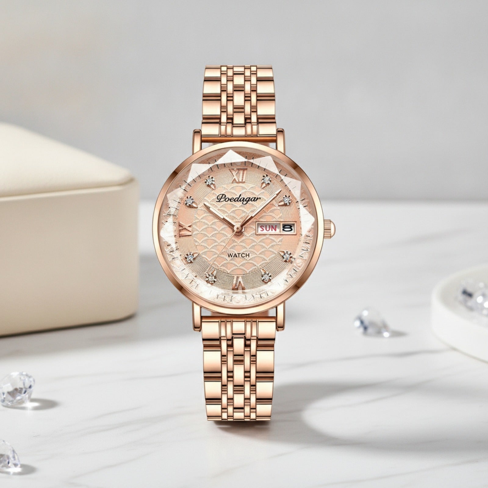 Montre Femme - Acier Inoxydable, Or Rose, Étanche